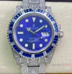 Swiss Copy Iced Out Rolex Submariner Watch 904L Stainless Steel Bright Blue Dial
